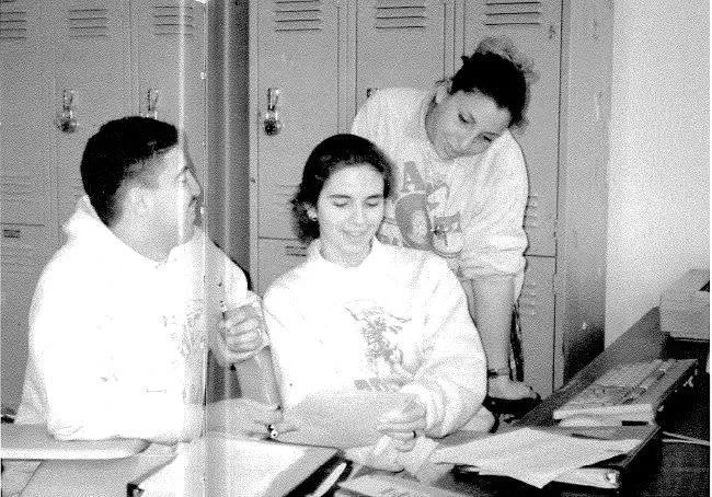 Classmates at their desks, from the yearbook